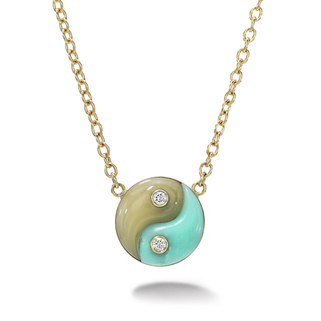 DOUBLE STONE YIN YANG PENDANT ON HANDMADE CHAIN - CHRYSOPRASE AND YELLOW AQUAMARINE