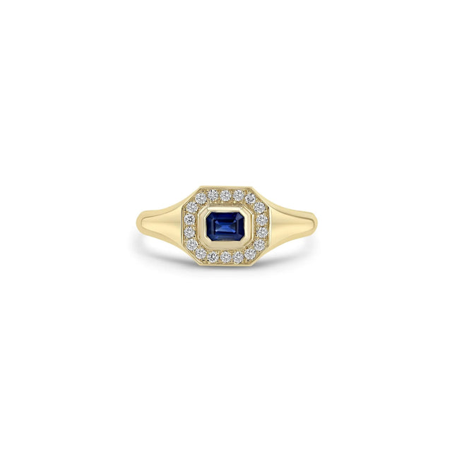 EMERALD CUT BLUE SAPPHIRE DIAMOND HALO SIGNET RING