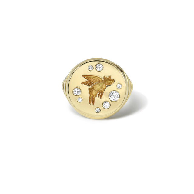 FLYING PIG FANTASY SIGNET RING WITH DIAMONDS