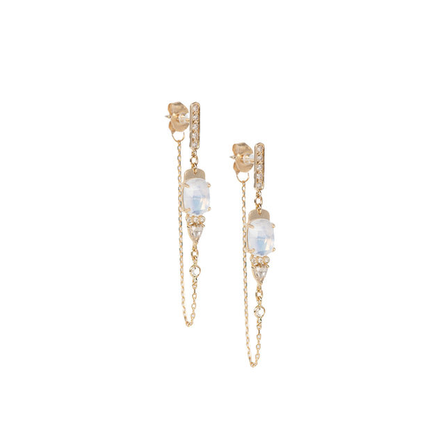 MOONSTONE AND DIAMOND FRONT TO BACK CHAIN EARRINGS
