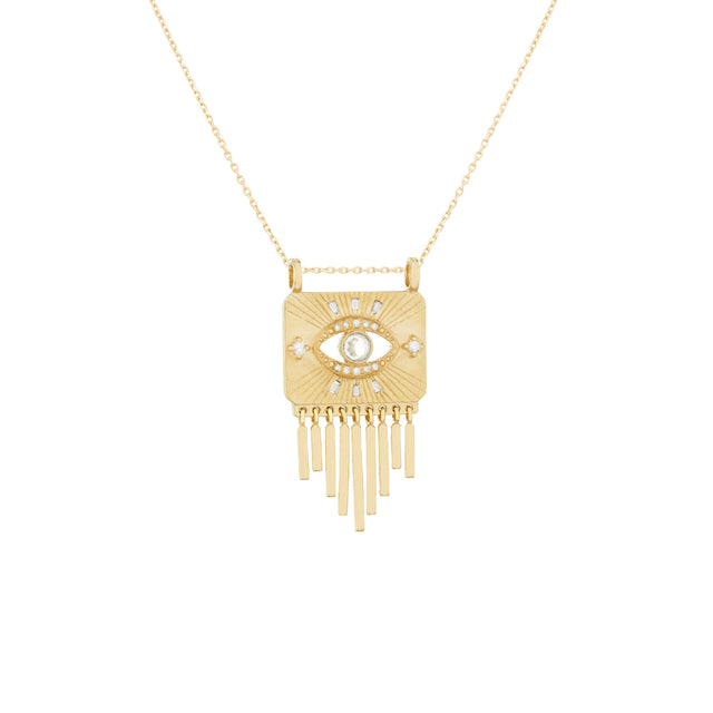 WHITE SAPPHIRE & DIAMONDS EYE SOLID GOLD PLATE NECKLACE